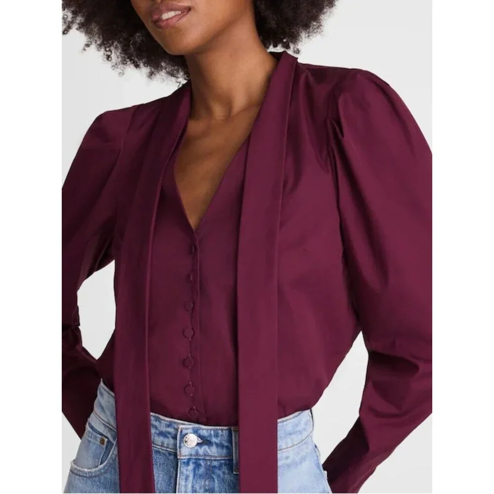 Madewell V-Neck Button-Front Top puff long sleeve burgundy Women’s Size XXS NWT